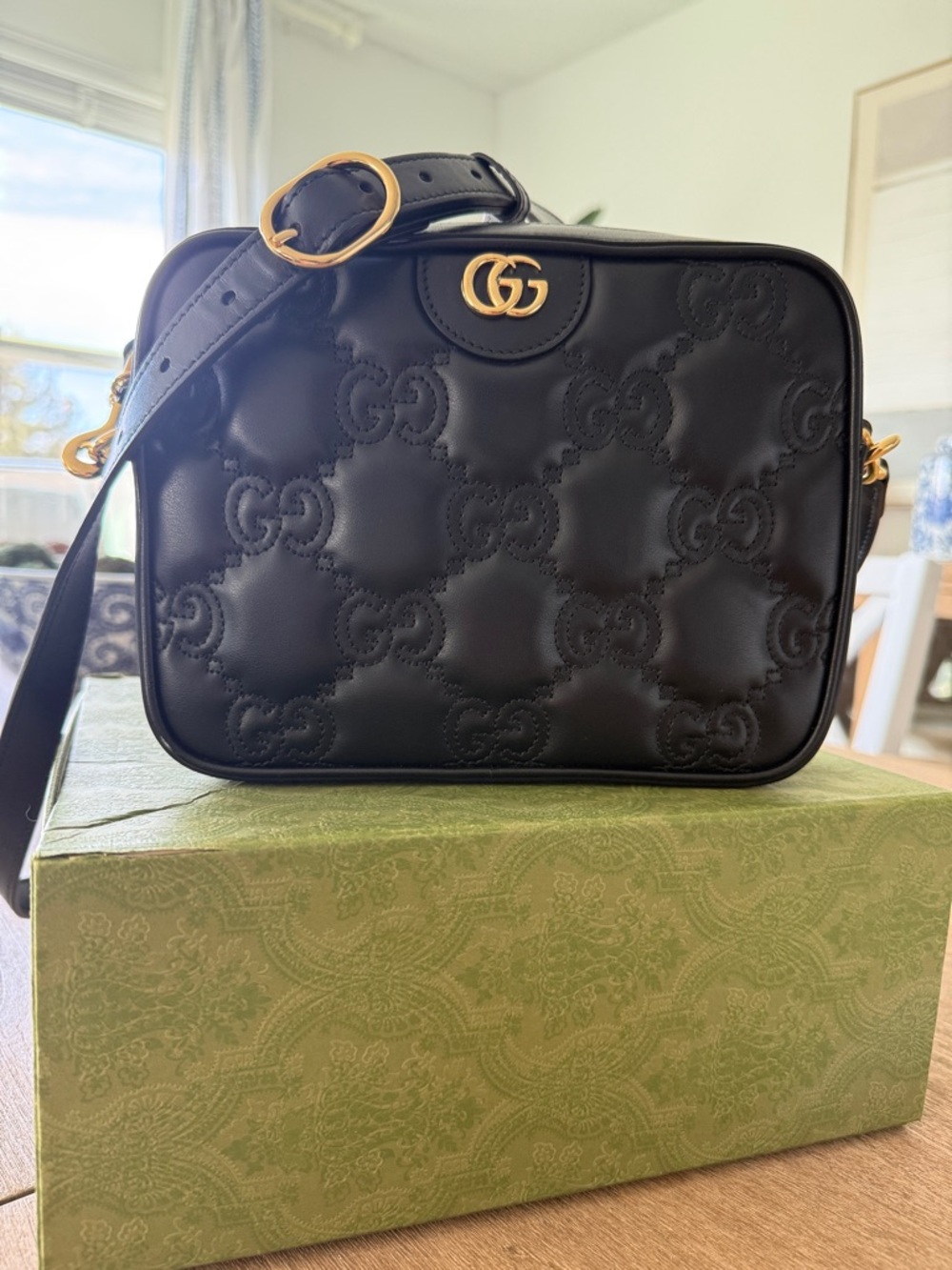Gucci Black Quilted GG Leather Crossbody Camera Bag with Gold Hardware